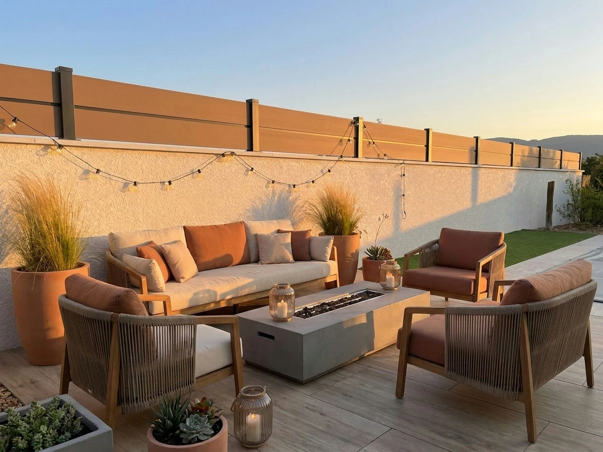 Clôture de petite hauteur posée sur un muret enduit sous un coucher du soleil