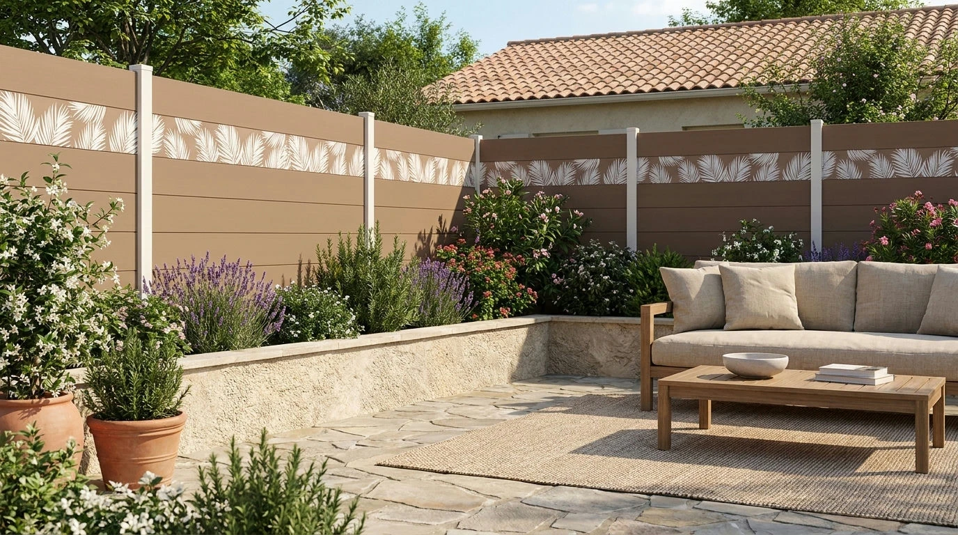 Clôture composite couleur sable avec un panneau décoratif personnalisé