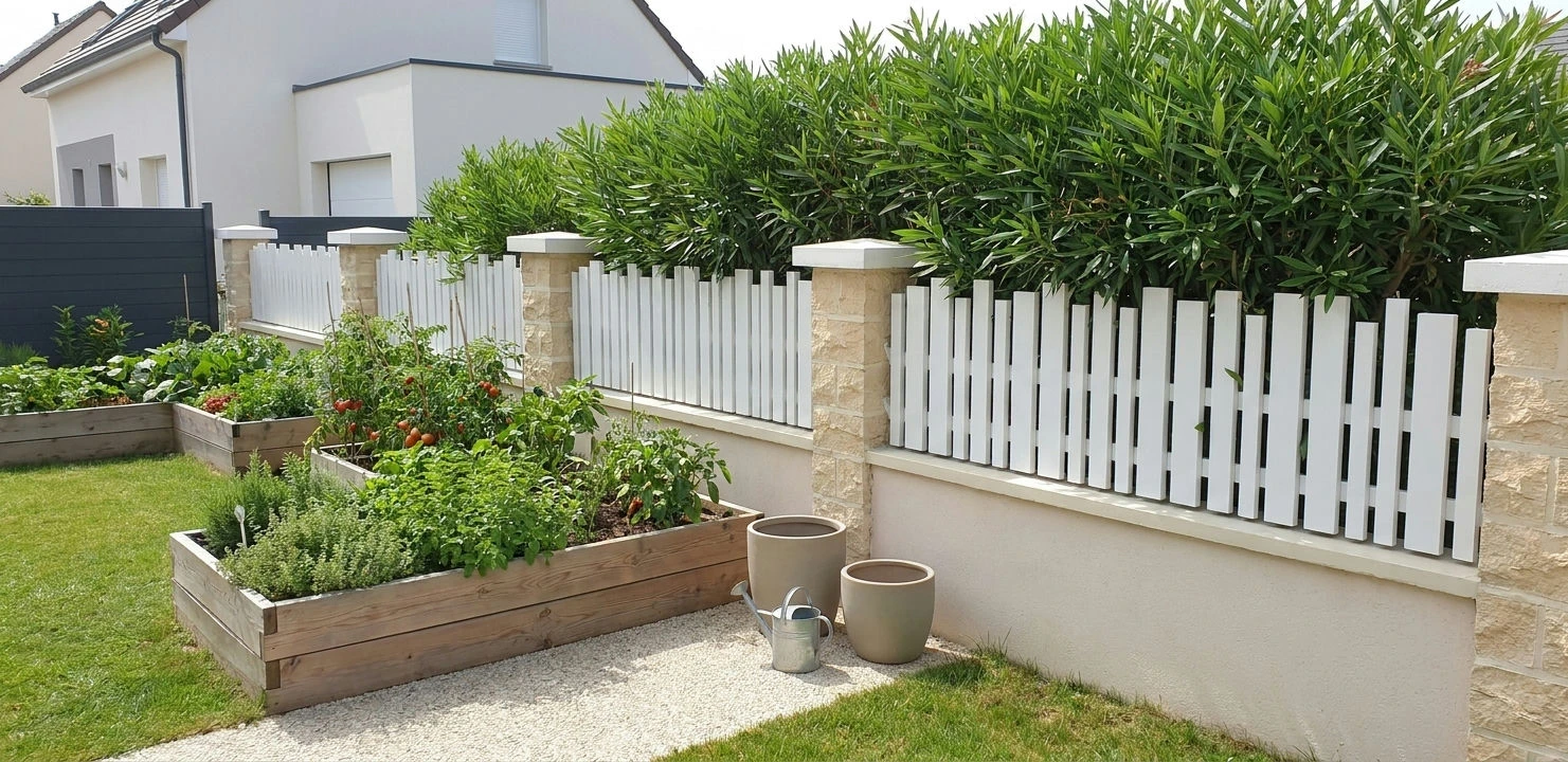 Clôture mitoyenne à lames verticales ajourée posée entre piliers béton