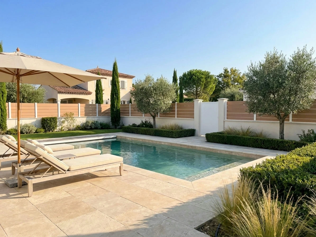 clôture en composite a effet bois autour d'une piscine bali