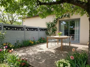 clôture de teinte grise claire installée dans un jardin fleuri prés d'un terrasse en bois