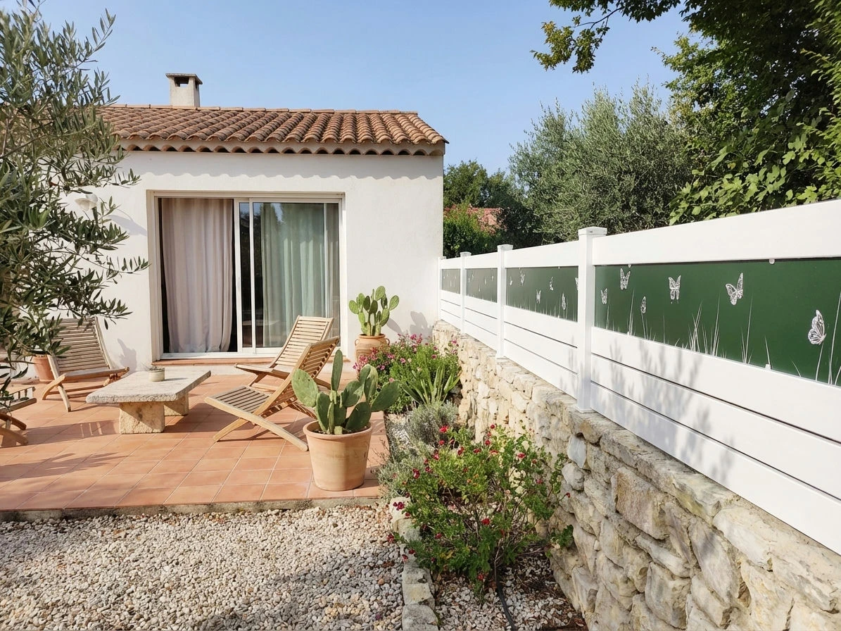 clôture avec des papillons installée sur un muret en pierres naturelles