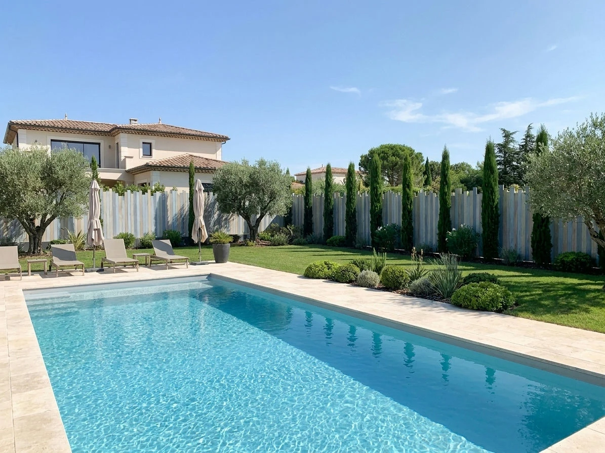 Palissade à lames verticales totalement occultante prés d'une piscine