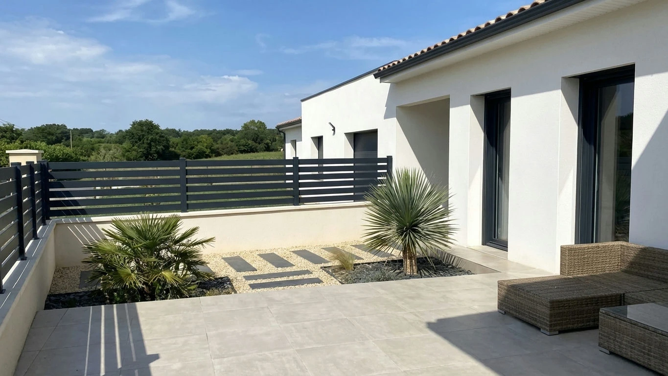 clôture moderne foncée installée sur un muret enduit autour d'une terrasse dans un environnement contemporain