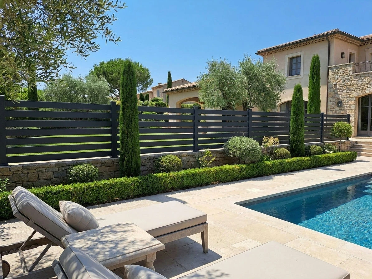Clôture en PVC plaxé gris anthracite au bord d'une piscine style méditerranéen