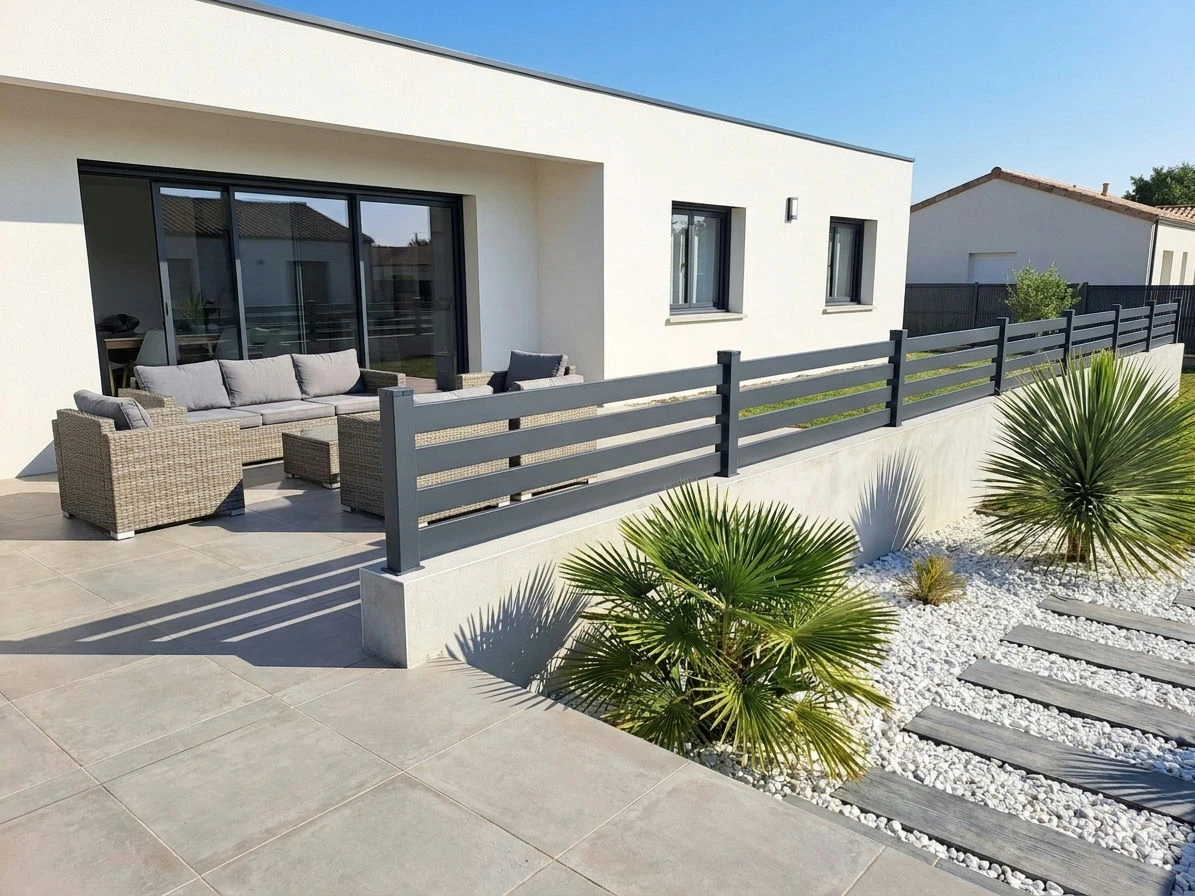 Clôture en PVC plaxé gris anthracite sur muret d'une terrasse moderne