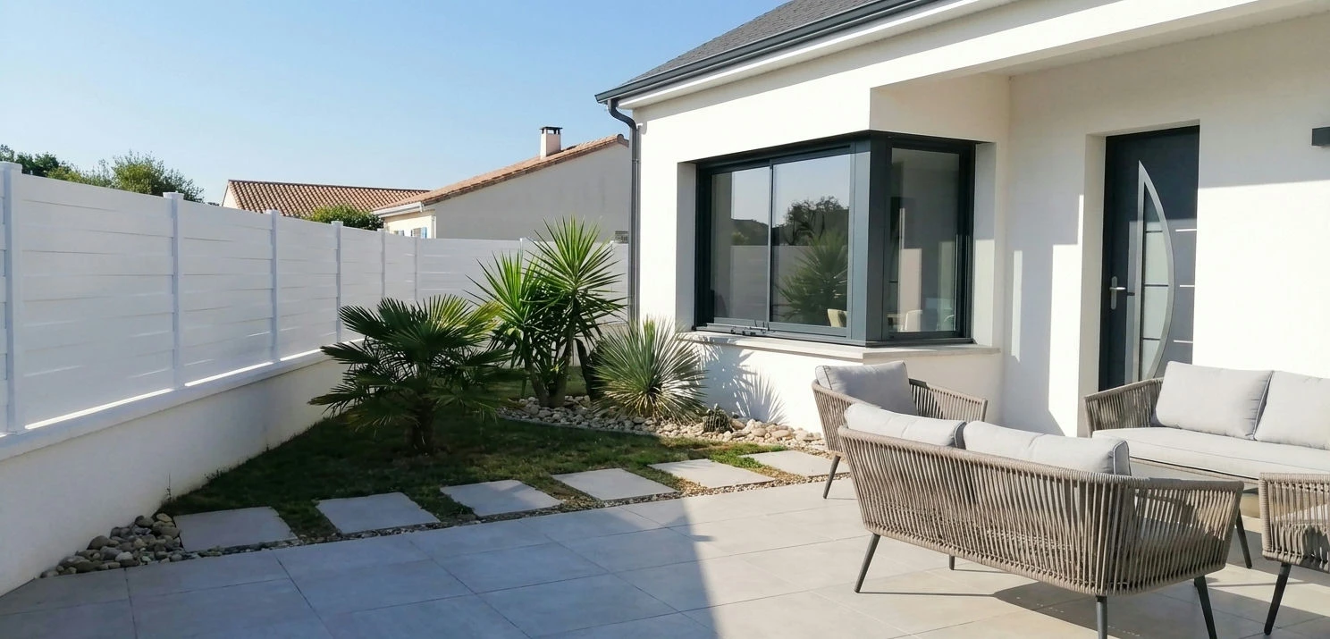 clôture brise vue blanche à lames horizontales en relief sur un muret