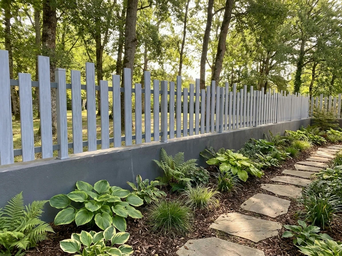 clôture ajourée à barreaudage installée dans un jardin tropical