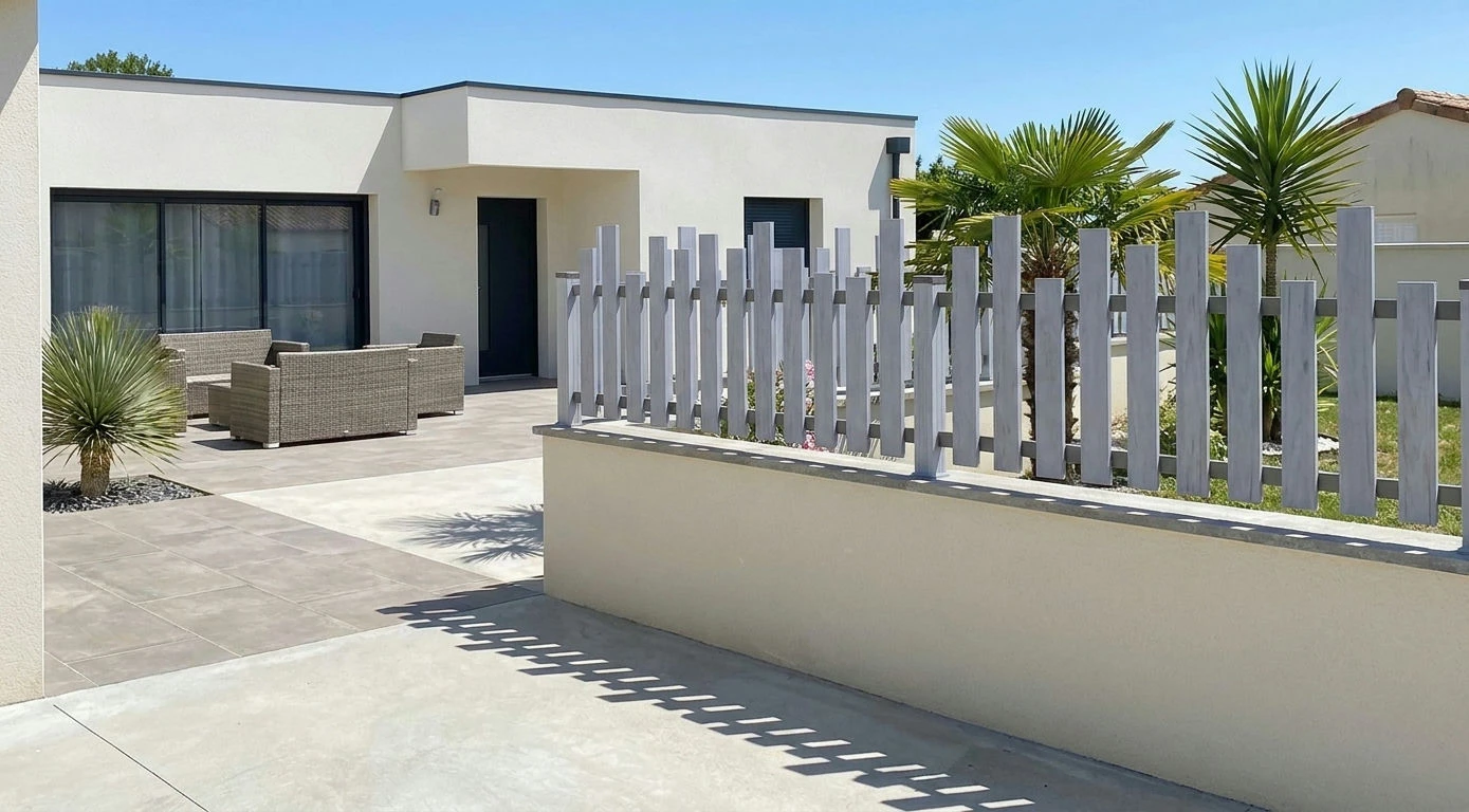 Clôture à lames irrégulières grise posée sur un muret enduit autour d'une villa moderne