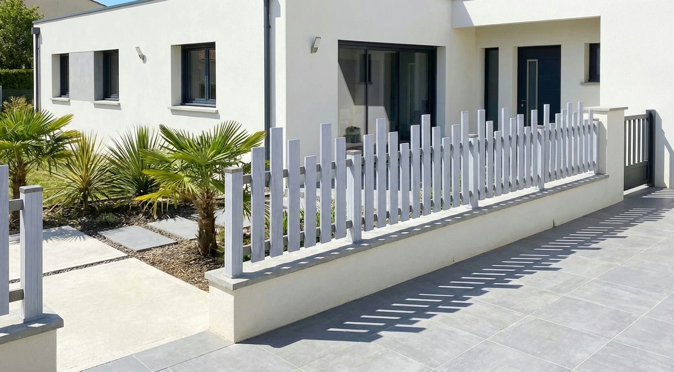 clôture design à lames verticales asymétriques installée devant une maison