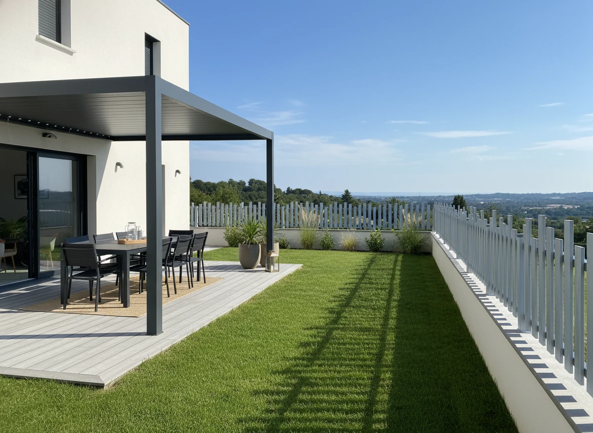 clôture avec un espacement entre les lames grise posée dans un environnement contemporain