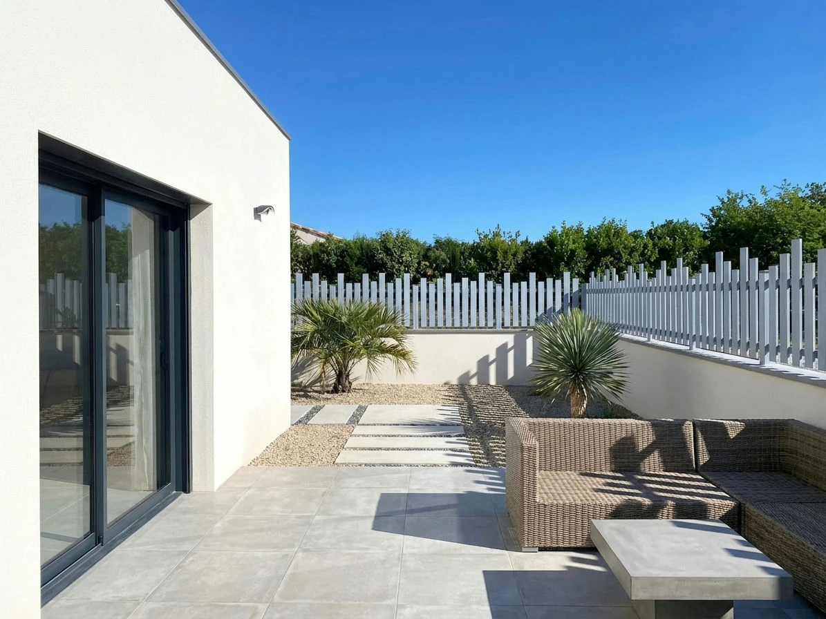 clôture ajourée de manière irrégulière sur un muret enduit superposé d'une couvertine en béton