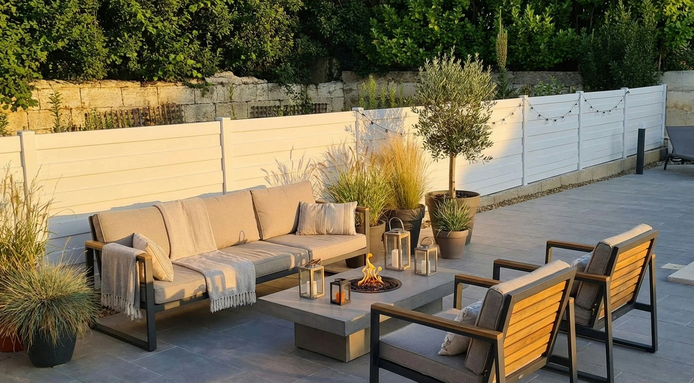 clôture brise vue blanche à lames horizontales à relief pour une séparation de deux jardins