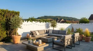 clôture brise vue autour d'un salon de jardin dans un esprit guinguette