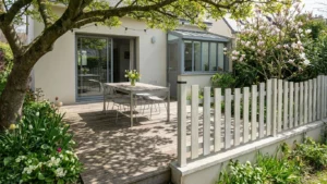 clôture ajourée grise claire installée sur un petit muret autour d'une terrasse en bois