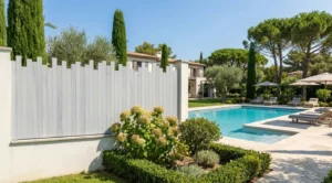 clôture pleine à lames verticales gris dans un jardin arboré