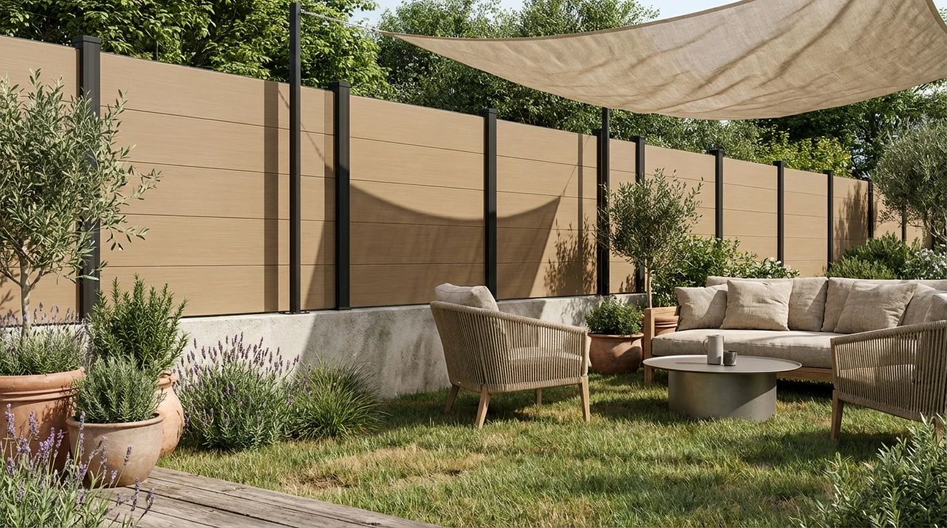 clôture beige en composite sur muret dans un jardin