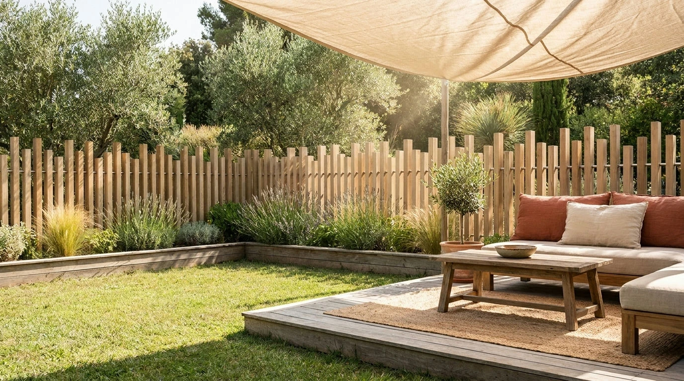 Clôture à lames verticales bois autour d'un salon de jardin style bohème chic