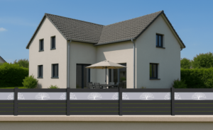 Clôture Hémataite en pvc plaxé avec motif personnalisé, installée en extérieur.