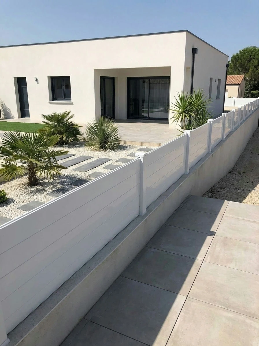 clôture blanche pleine posée sur un petit soubassement autour d'une maison à toit plat
