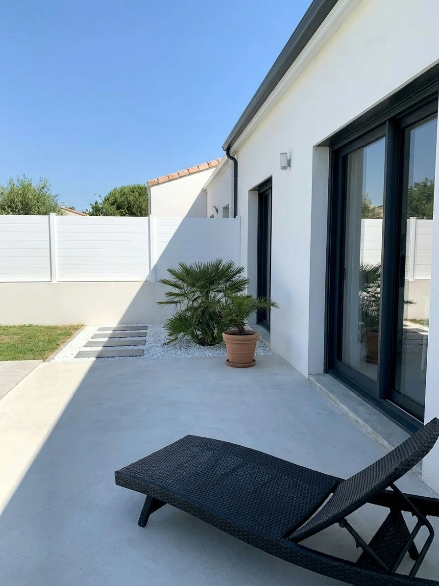 clôture brise vue blanche installée sur un muret crépis entre deux maisons