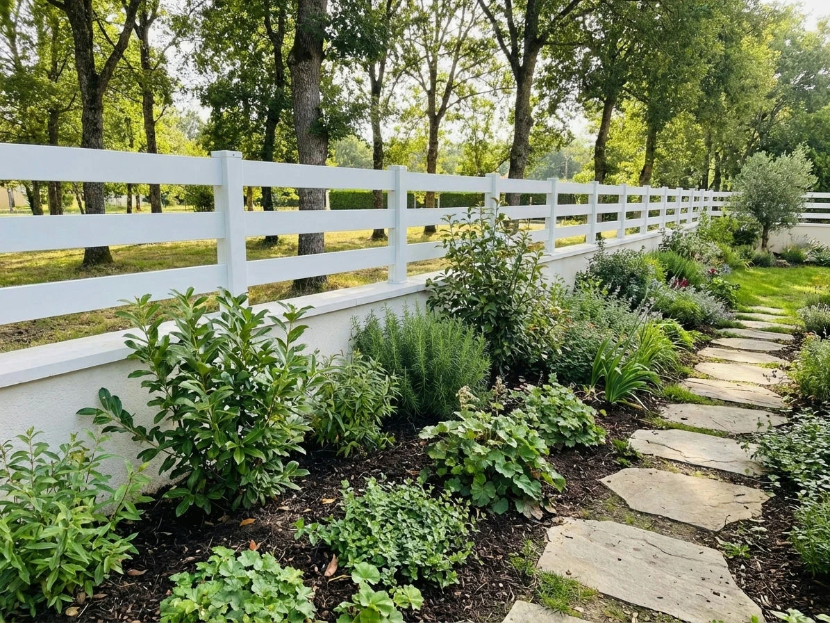 Clôture ajourée en PVC blanc posée sur muret avec un parterre de plantes