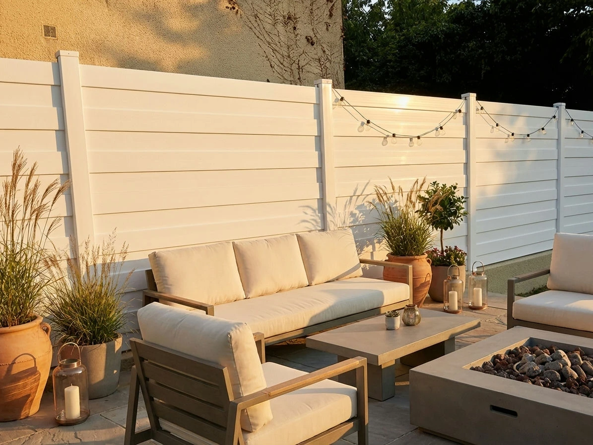 clôture blanche occultante sous un coucher du soleil