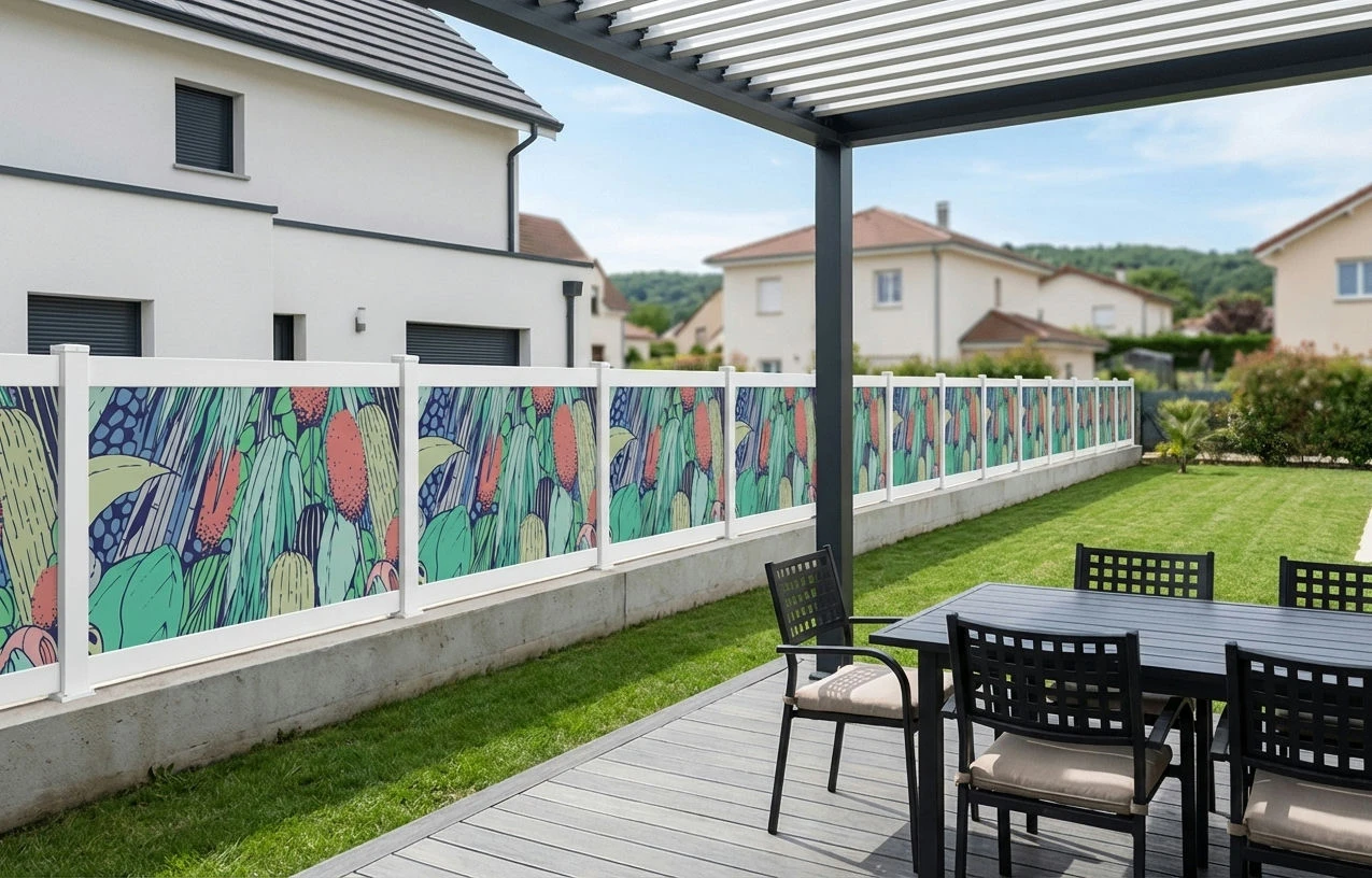 clôture blanche comportant une impression tendance et colorée installée dans un jardin verdoyant