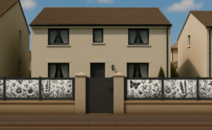 Clôture Asphalte en PVC plaxé gris anthracite avec motifs floraux, alliant design contemporain et élégance naturelle