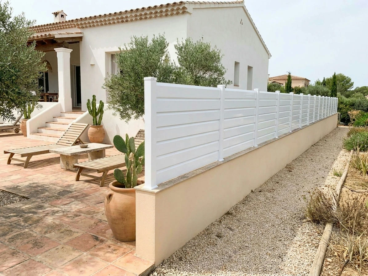 Clôture persiennée en PVC blanc posée sur le muret d'une terrasse