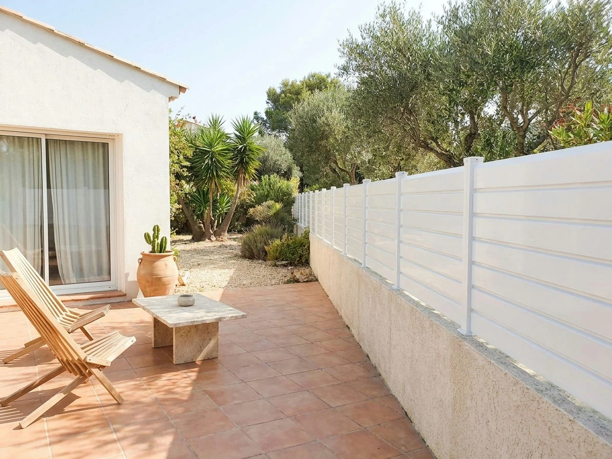 Clôture persiennée en PVC blanc posée sur un muret de jardin méditerranéen