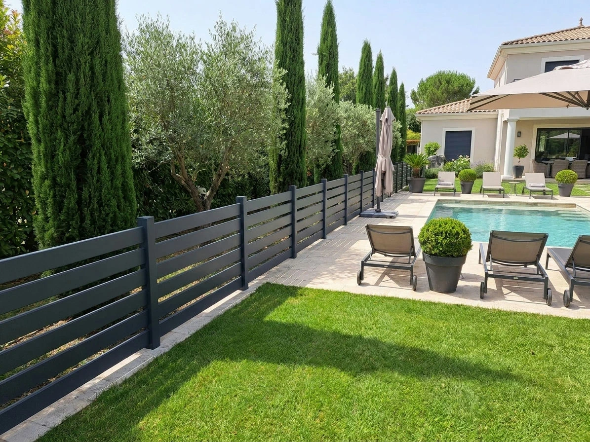Clôture en PVC plaxé gris anthracite au bord d'une piscine