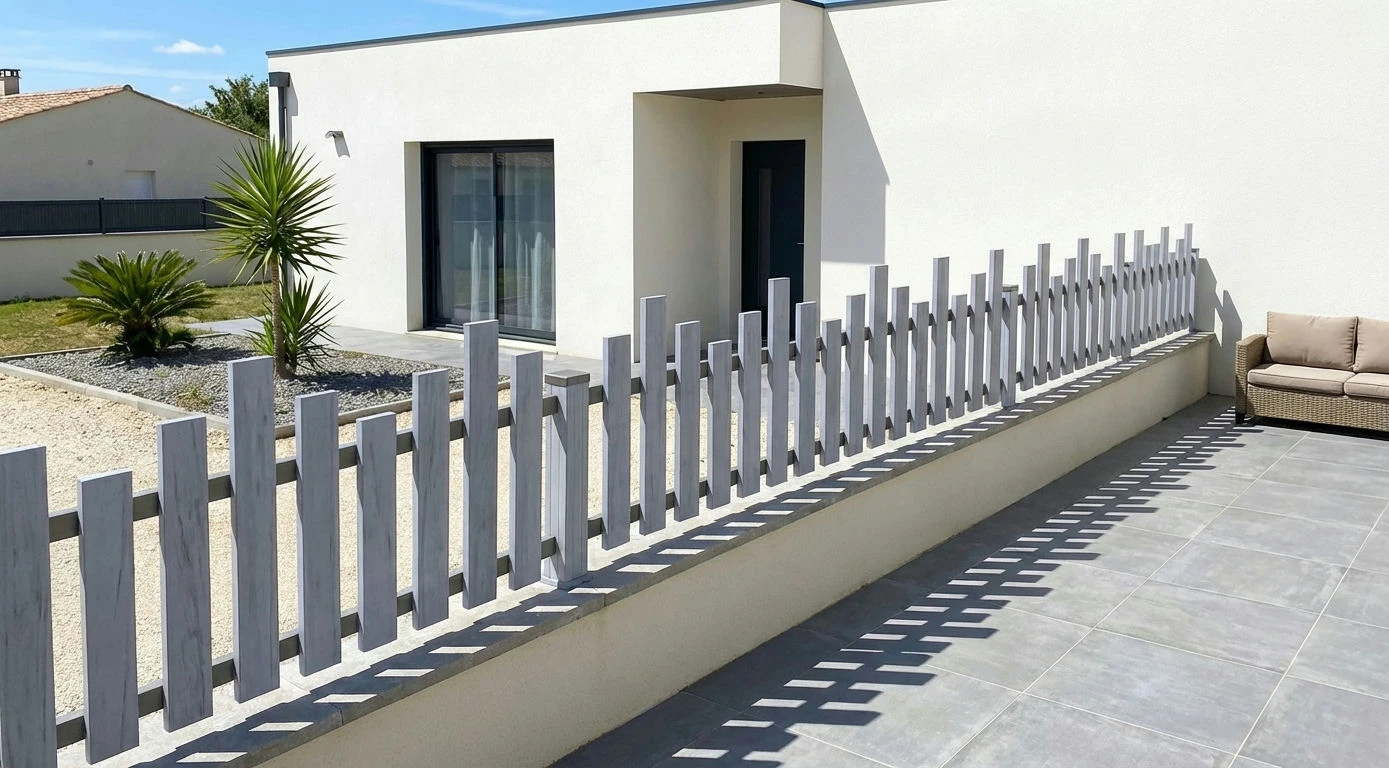 clôture à lames de hauteurs irrégulières ajourée installée autour d'une maison moderne