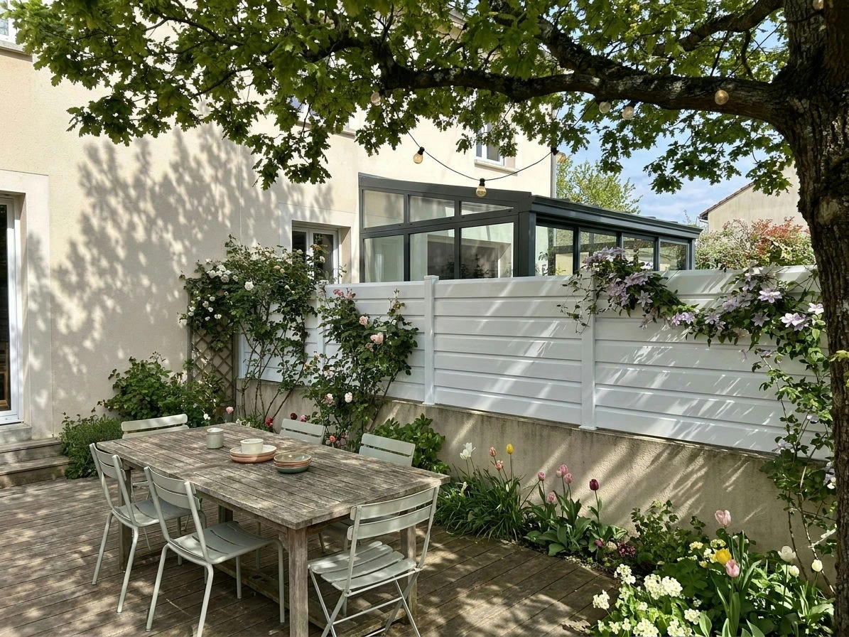 Terrasse ombragée avec clôture PVC persiennée blanche sur muret