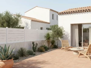 clôture en pvc blanche avec des lames de différentes largeurs installée dans un jardin de style méditerranéen