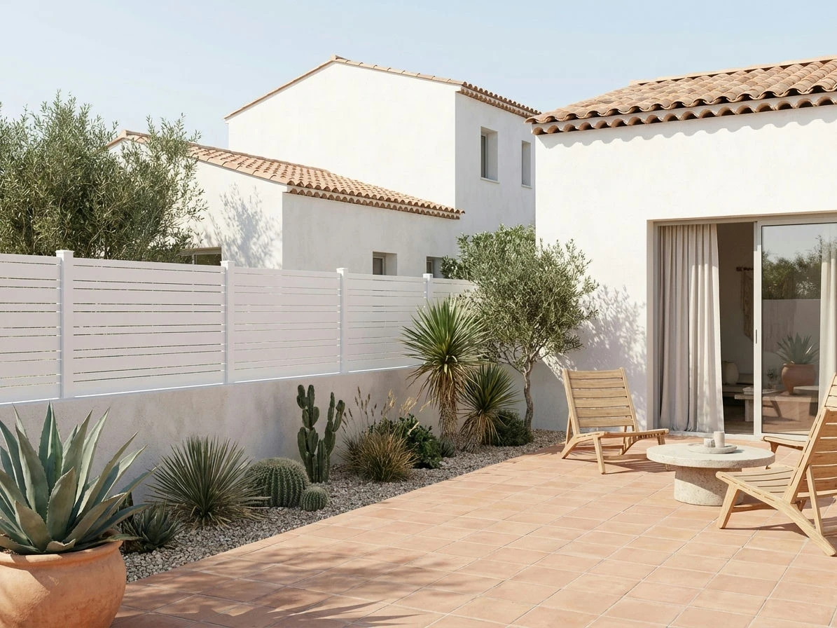 clôture en pvc blanche avec des lames de différentes largeurs installée dans un jardin de style méditerranéen