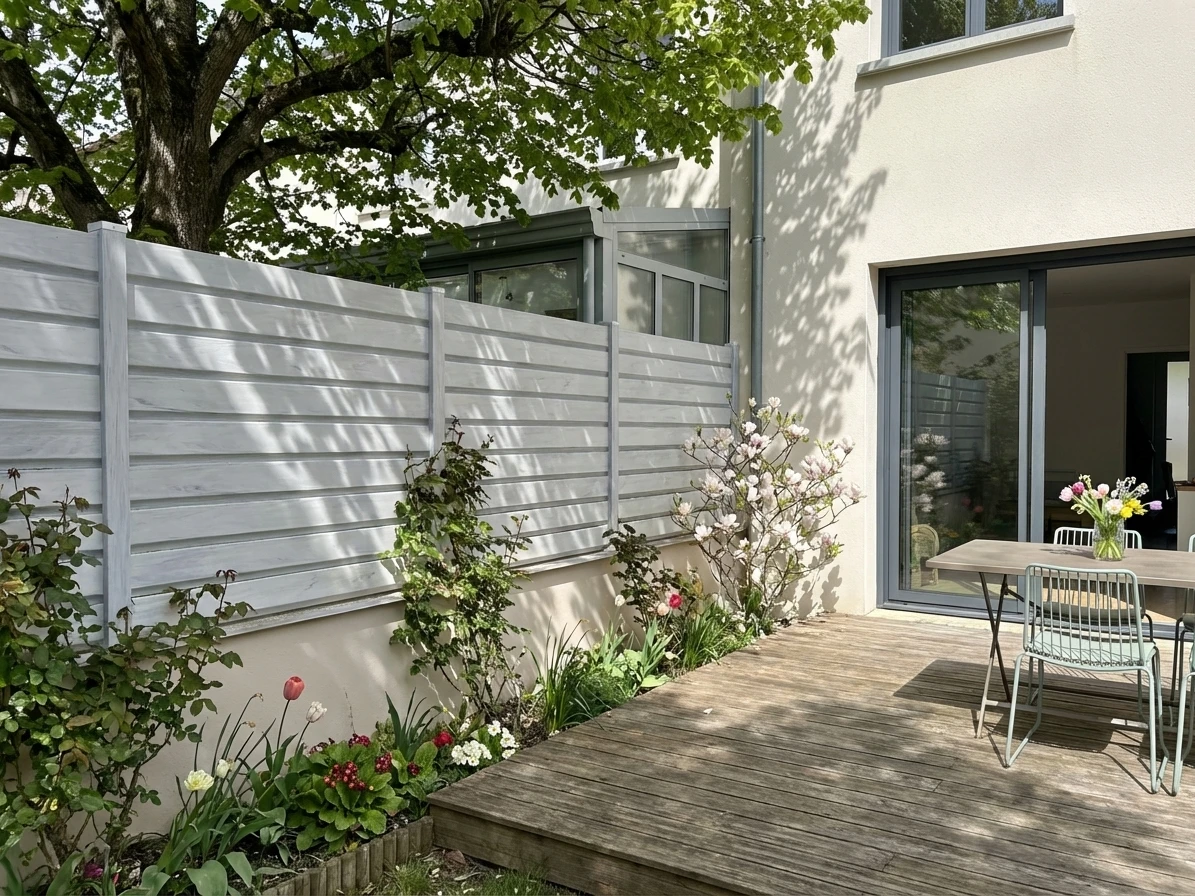 clôture en pvc gris clair dans un petit jardin ombragé