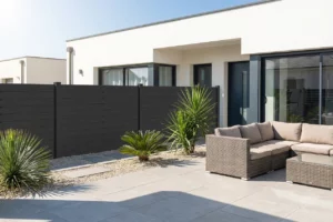 clôture en pvc de couleur gris foncé dans le jardin d'une propriété contemporaine