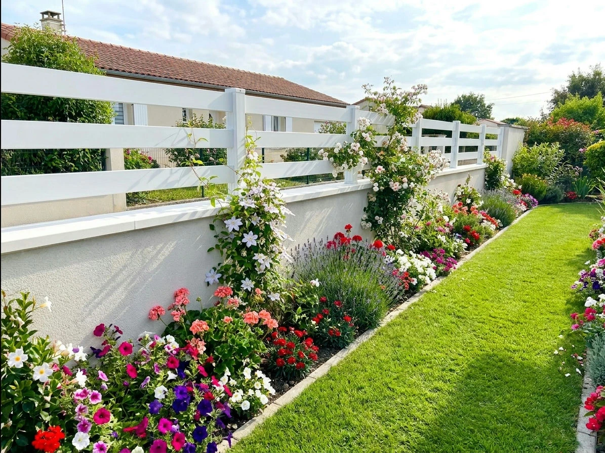 Clôture ajourée en PVC blanc posée sur muret avec un parterre de fleurs