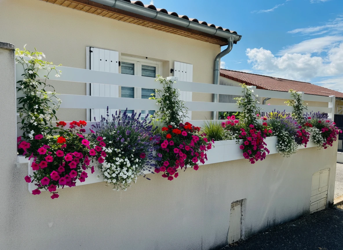 Clôture ajourée blanche installée devant une maison avec des jardinières de fleurs