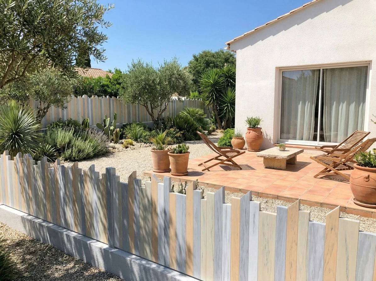 Clôture à lames irrégulières occultantes posée sur un muret dans un jardin esprit botanique