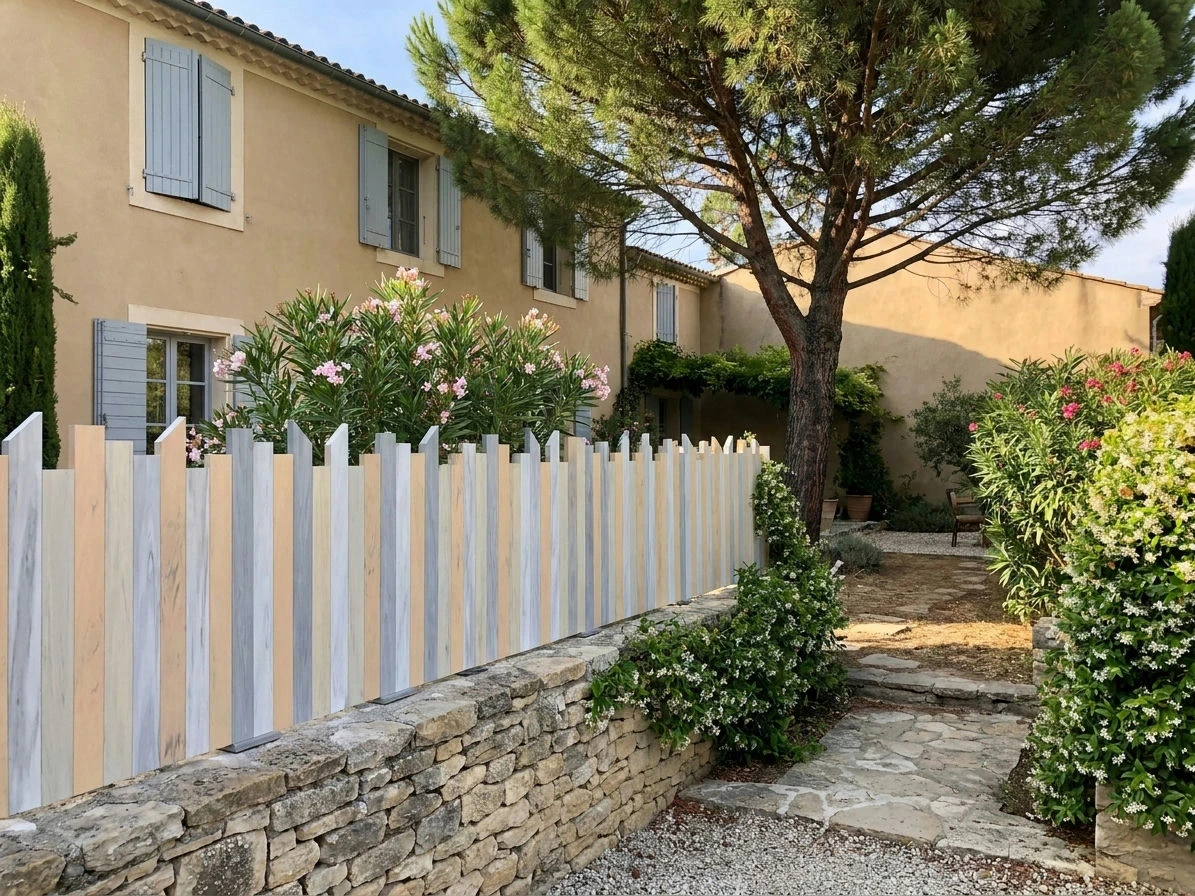 Clôture patchwork biseautée prés d'une maison ancienne