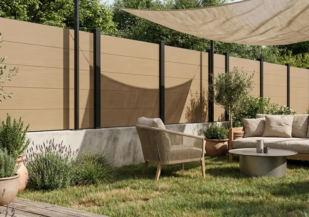 Cloture composite beige tendance installée sur une terrasse