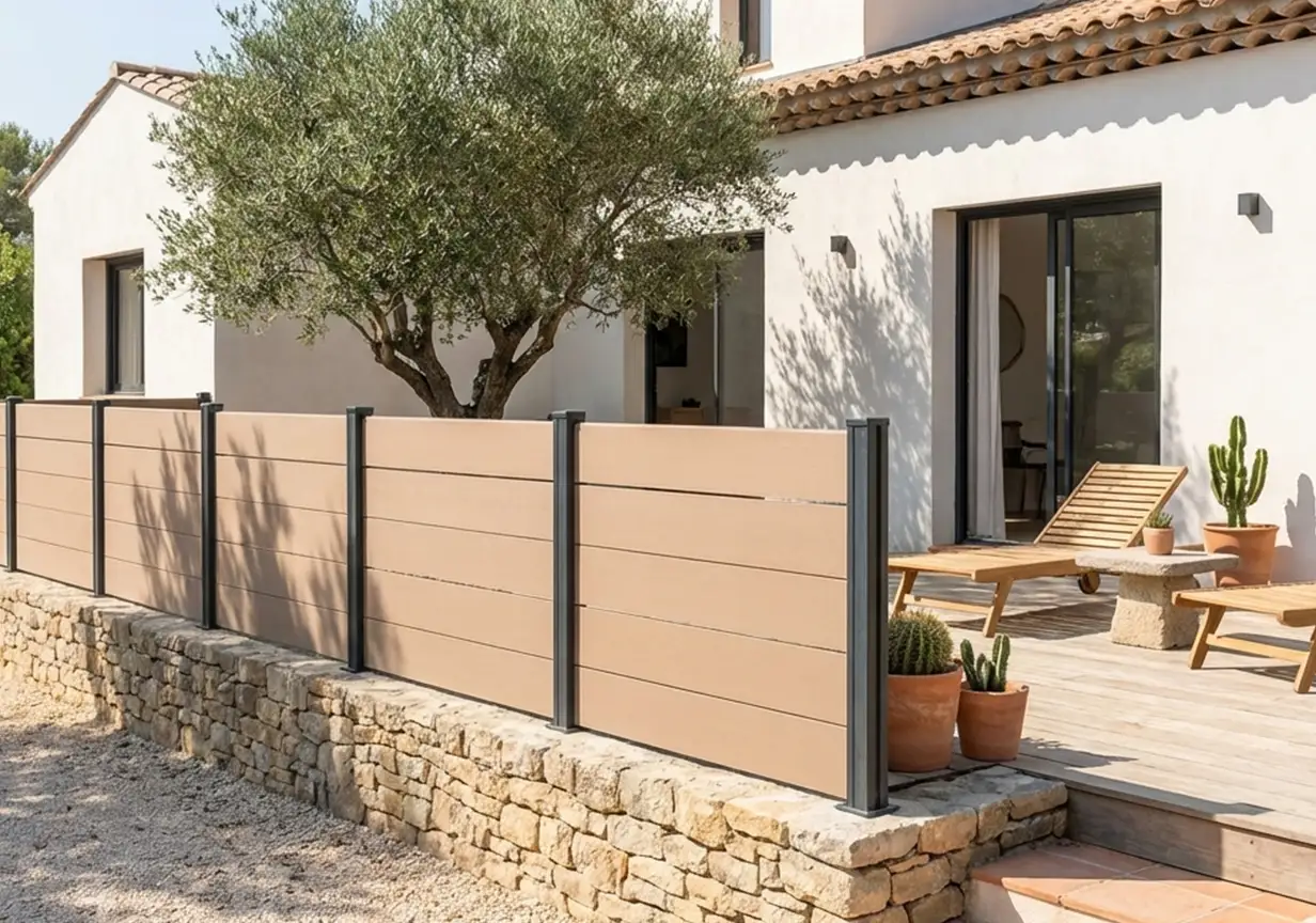 Cloture composite beige tendance installée sur une terrasse
