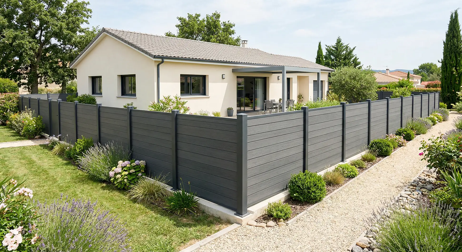 Clôture brise vue composite avec des poteaux en aluminium