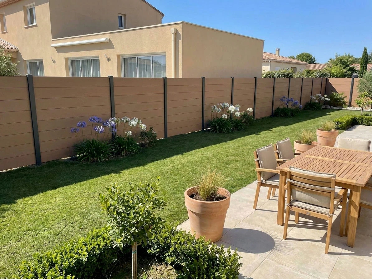 Clôture brise-vue en composite sceller en pleine terre dans le jardin de maisons récentes