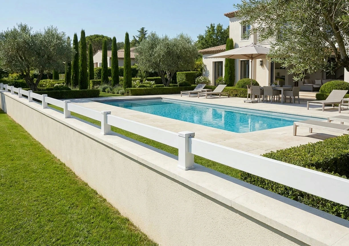 Clôture à une seule lame installée sur une muret enduit autour d'une piscine