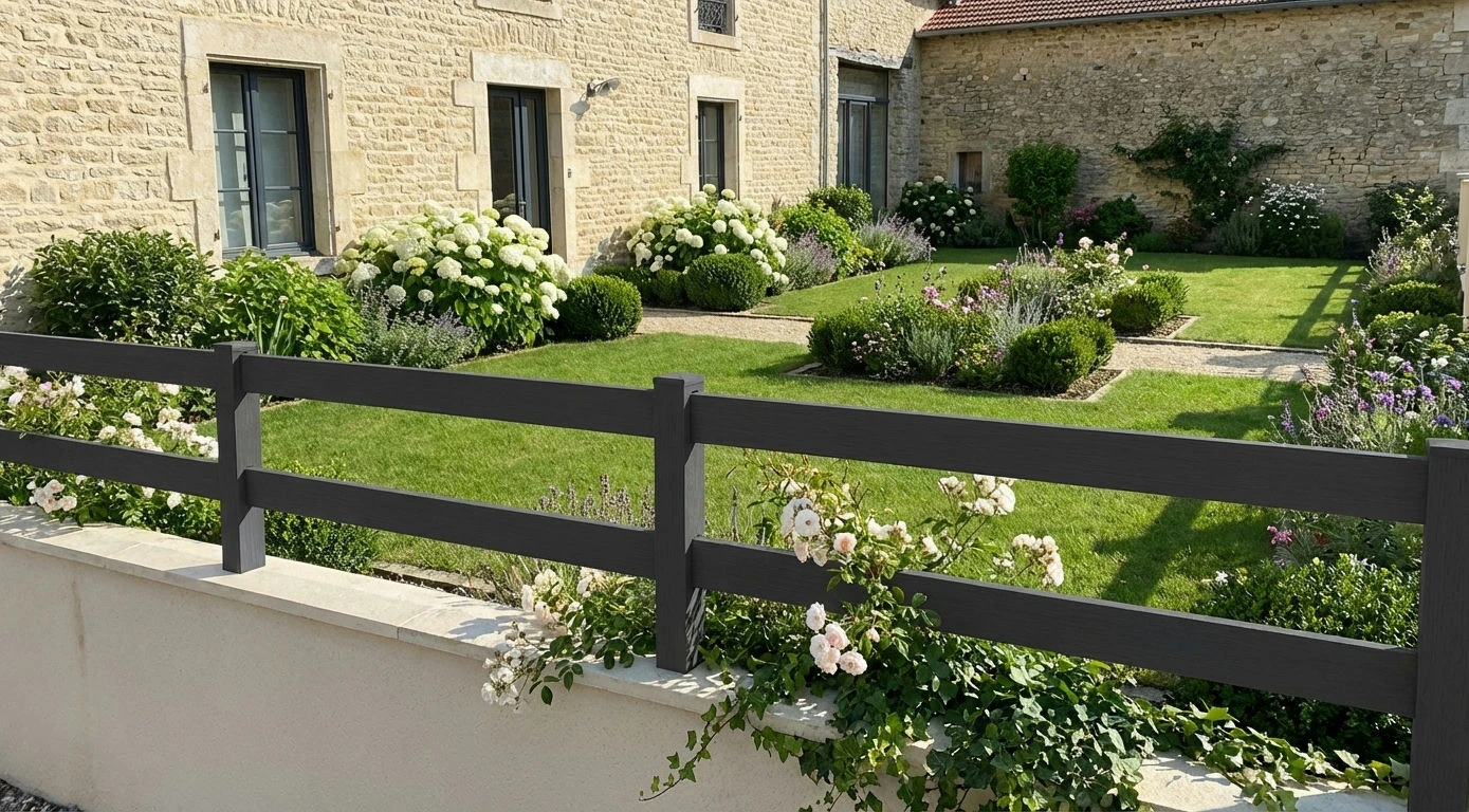 clôture ajournée moderne posée sur un muret autour d'une maison en pierres