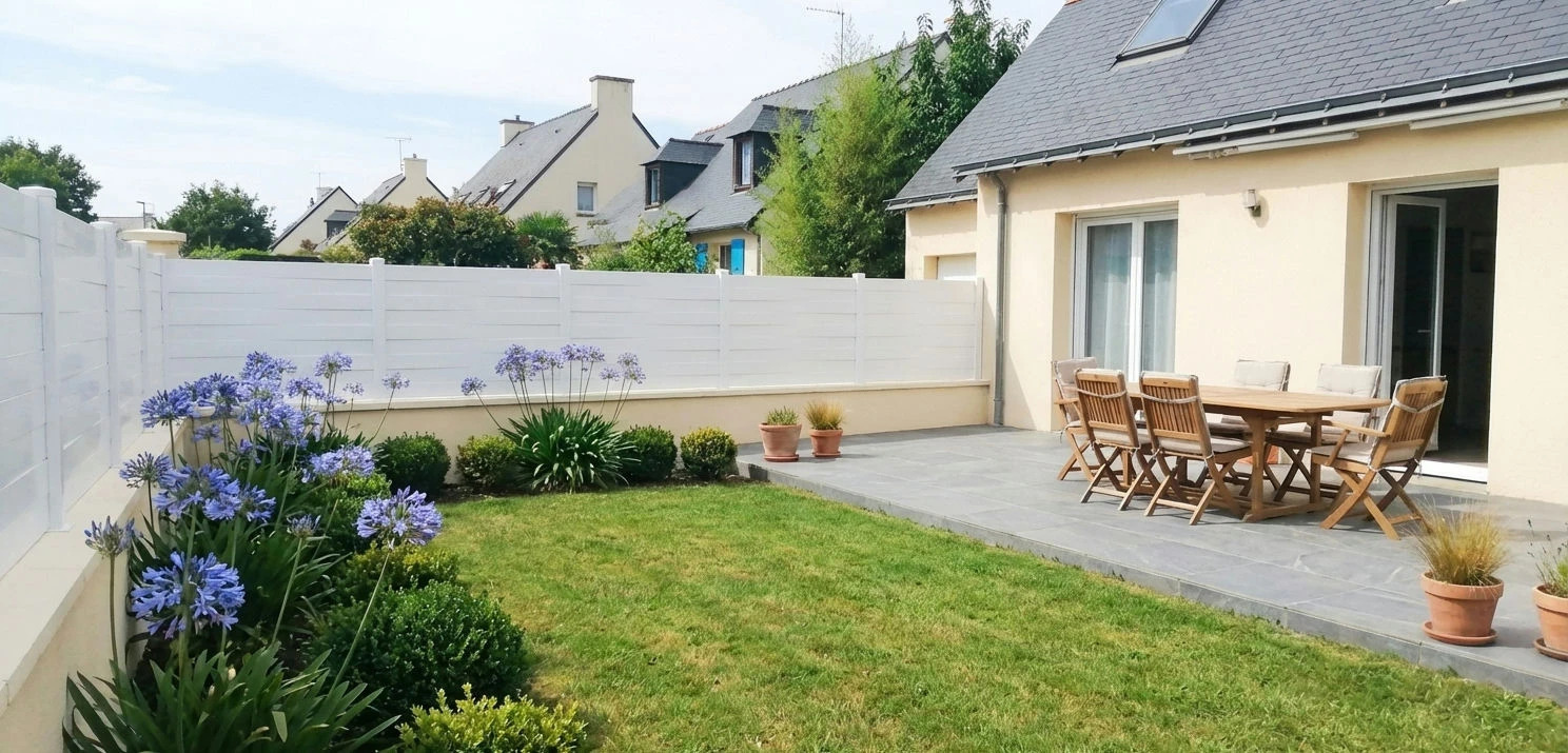 Clôture à lames blanches et pleines posée dans le jardin d'une maison au toit en ardoise