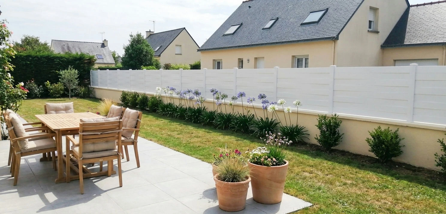 Clôture bise vue installée sur un muret avec des fleurs de type agapanthes